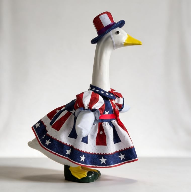 23 Inch Patriotic Porch Goose Statue for Independence Day, Large Lawn Goose Figurine with Red White Blue American Flag Costume, Decorative Top Hat & Star and Stripe Dress, Yard Holiday Decor