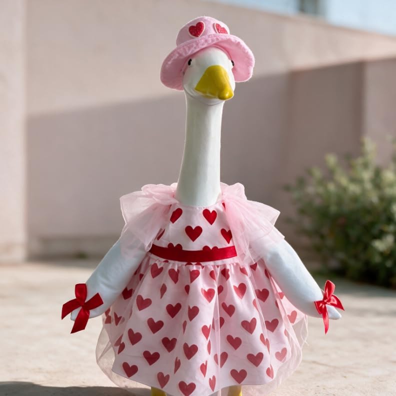 Valentine's Day Heart Porch Goose Outfit for 23 Inch Lawn Goose Statue, Costume Set with Heart Decorated Hat & Pink Tulle Heart Print Dress, Romantic Holiday Yard Decor, Goose Statue Not Included