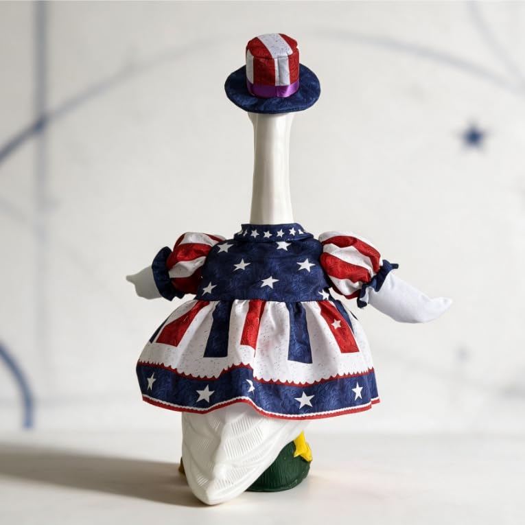 23 Inch Patriotic Porch Goose Statue for Independence Day, Large Lawn Goose Figurine with Red White Blue American Flag Costume, Decorative Top Hat & Star and Stripe Dress, Yard Holiday Decor