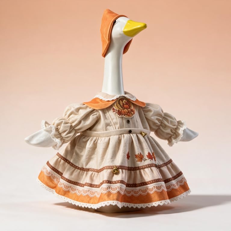 23 Inch Fall Harvest Porch Goose Statue with Autumn Costume, Large Lawn Goose Figurine with Bonnet Hat & Lace Trim Maple Leaf Dress, Fall Thanksgiving Yard Decor