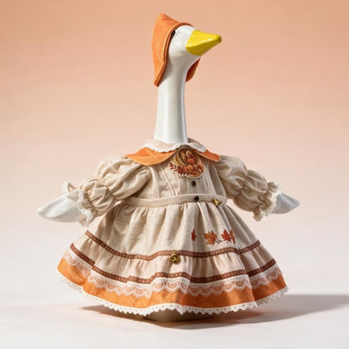 23 Inch Fall Harvest Porch Goose Statue with Autumn Costume, Large Lawn Goose Figurine with Bonnet Hat & Lace Trim Maple Leaf Dress, Fall Thanksgiving Yard Decor