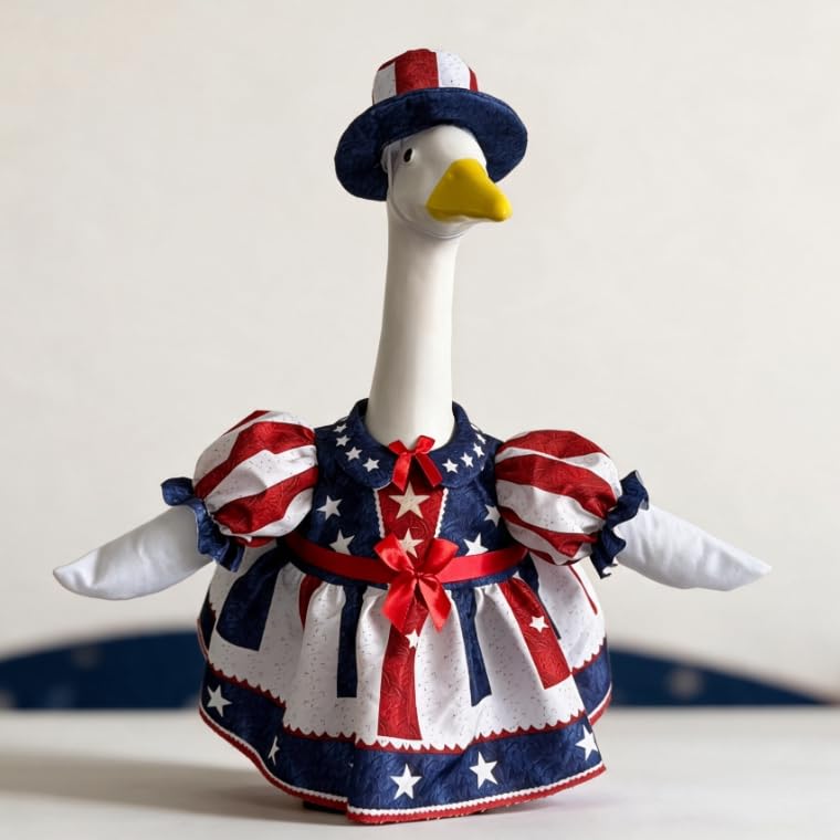 23 Inch Patriotic Porch Goose Statue for Independence Day, Large Lawn Goose Figurine with Red White Blue American Flag Costume, Decorative Top Hat & Star and Stripe Dress, Yard Holiday Decor