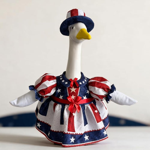 23 Inch Patriotic Porch Goose Statue for Independence Day, Large Lawn Goose Figurine with Red White Blue American Flag Costume, Decorative Top Hat & Star and Stripe Dress, Yard Holiday Decor