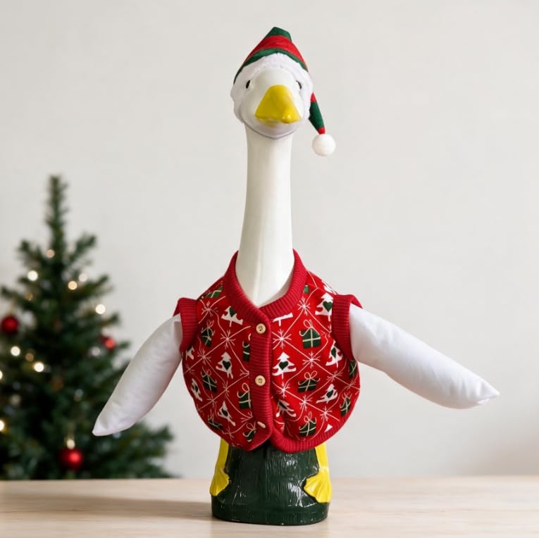 Ugly Sweater Porch Goose Outfit for 23 Inch Lawn Goose Statue, Christmas Costume Set with Printed Vest & Soft Plush Elf Hat, Christmas Tree Gift Snowflake Pattern, Goose Statue Not Included