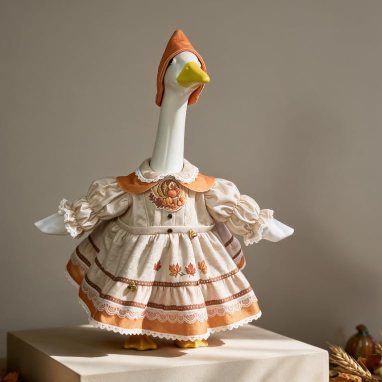 23 Inch Fall Harvest Porch Goose Statue with Autumn Costume, Large Lawn Goose Figurine with Bonnet Hat & Lace Trim Maple Leaf Dress, Fall Thanksgiving Yard Decor