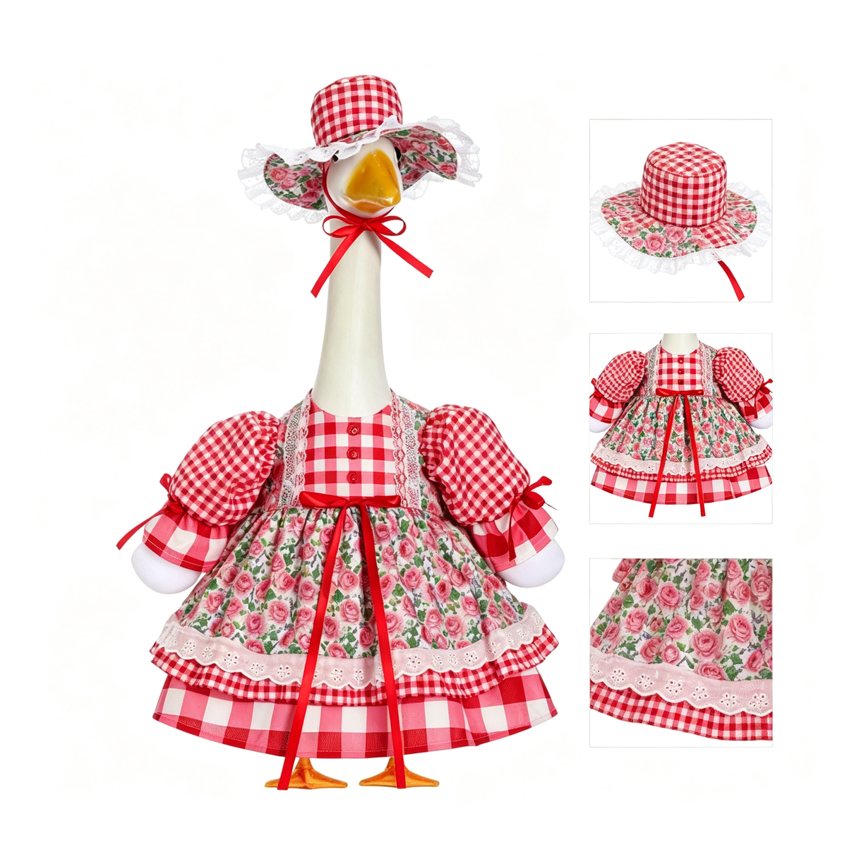 Vintage Farmhouse Porch Goose Outfit for 23‑Inch Lawn Goose Statue, Red Gingham Floral Dress with Wide‑Brim Sun Hat, Rustic Garden‑Style Yard Display Costume, Goose Statue NOT Included