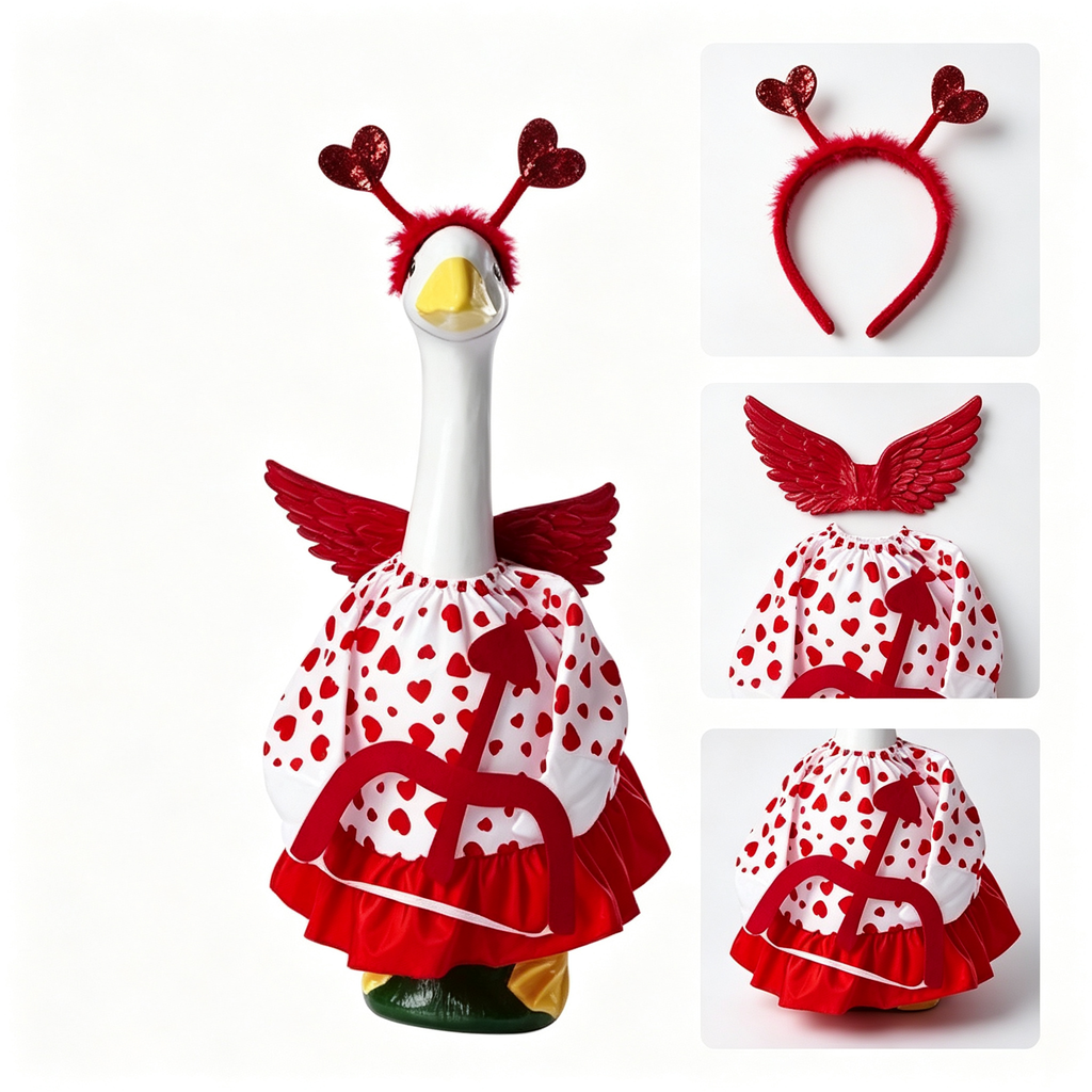 Romantic Cupid‑Style Porch Goose Outfit for 23‑Inch Lawn Goose Statue, Heart‑Print Costume with Angel Wings & Heart Headband, Themed Yard Display Costume, Goose Statue NOT Included