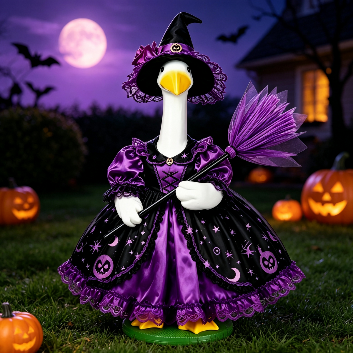 Halloween Witch Goose Costume Outfit for 23 Inch Lawn Goose Statue, Star‑Moon Print Dress with Wizard Hat & Purple Broom Accessory, Spooky Season Porch Yard Display Decor, Goose Statue NOT Included