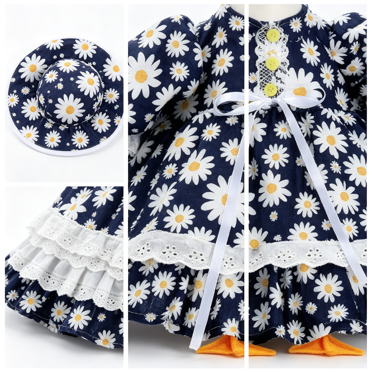 Fresh Garden‑Style Porch Goose Outfit for 23‑Inch Lawn Goose Statue, Navy Blue Daisy Print Dress with Matching Bonnet Hat, Light Spring Yard Display Costume, Goose Statue NOT Included