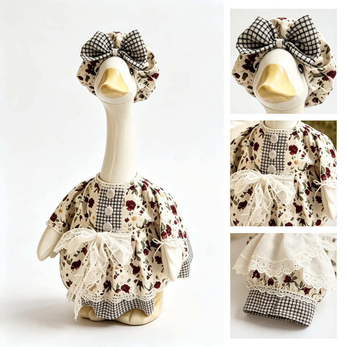 Cute Cottage‑Style Porch Goose Outfit for 23‑Inch Lawn Goose Statue, Floral Plaid Print Costume with Bow Bonnet & Lace Accent, Garden Yard Display Costume, Goose Statue NOT Included