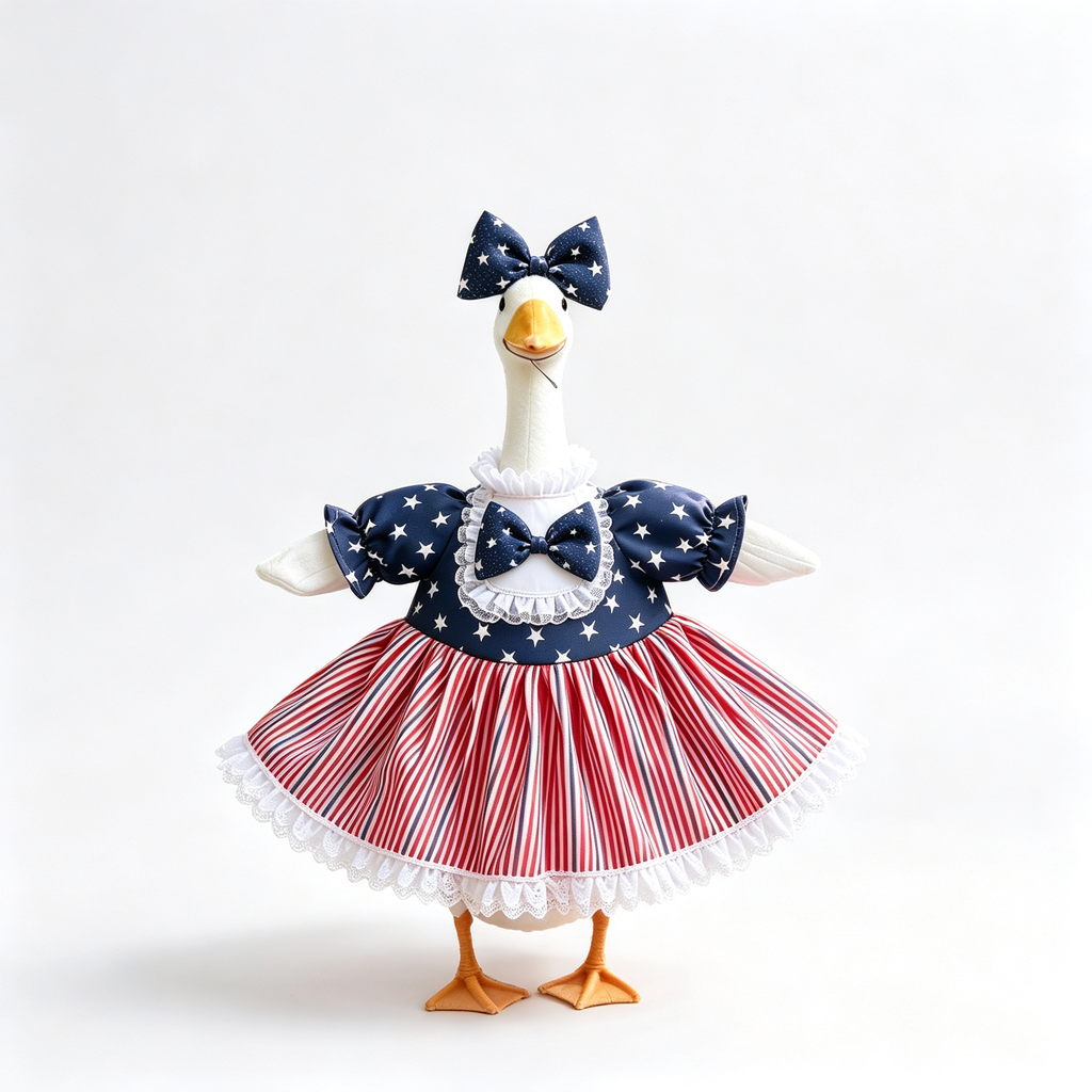 Patriotic Americana Porch Goose Outfit for 23‑Inch Lawn Goose Statue, Star‑Stripe Themed Dress with Large Bow & Lace Trim, Independence Day Yard Display Costume, Goose Statue NOT Included