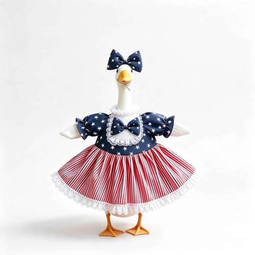 Patriotic Americana Porch Goose Outfit for 23‑Inch Lawn Goose Statue, Star‑Stripe Themed Dress with Large Bow & Lace Trim, Independence Day Yard Display Costume, Goose Statue NOT Included