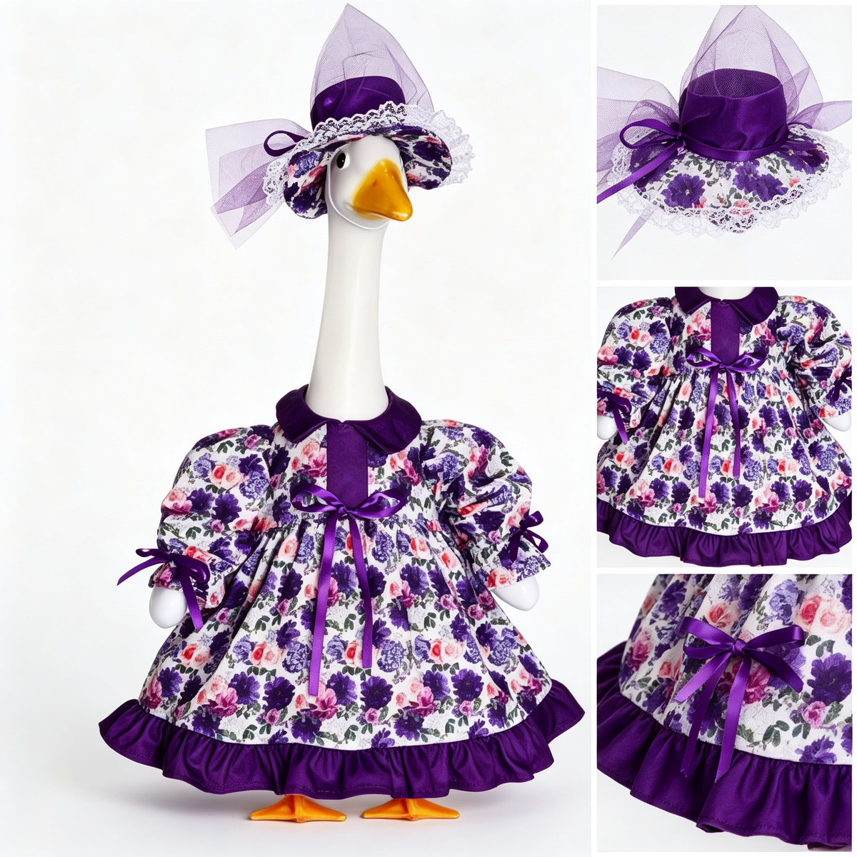 Vintage Elegant Floral Porch Goose Outfit for 23‑Inch Lawn Goose Statue, Purple Flower Print Dress with Lace Tulle Hat & Satin Bow Accents, Manor‑Style Yard Display Costume, Goose Statue NOT Included