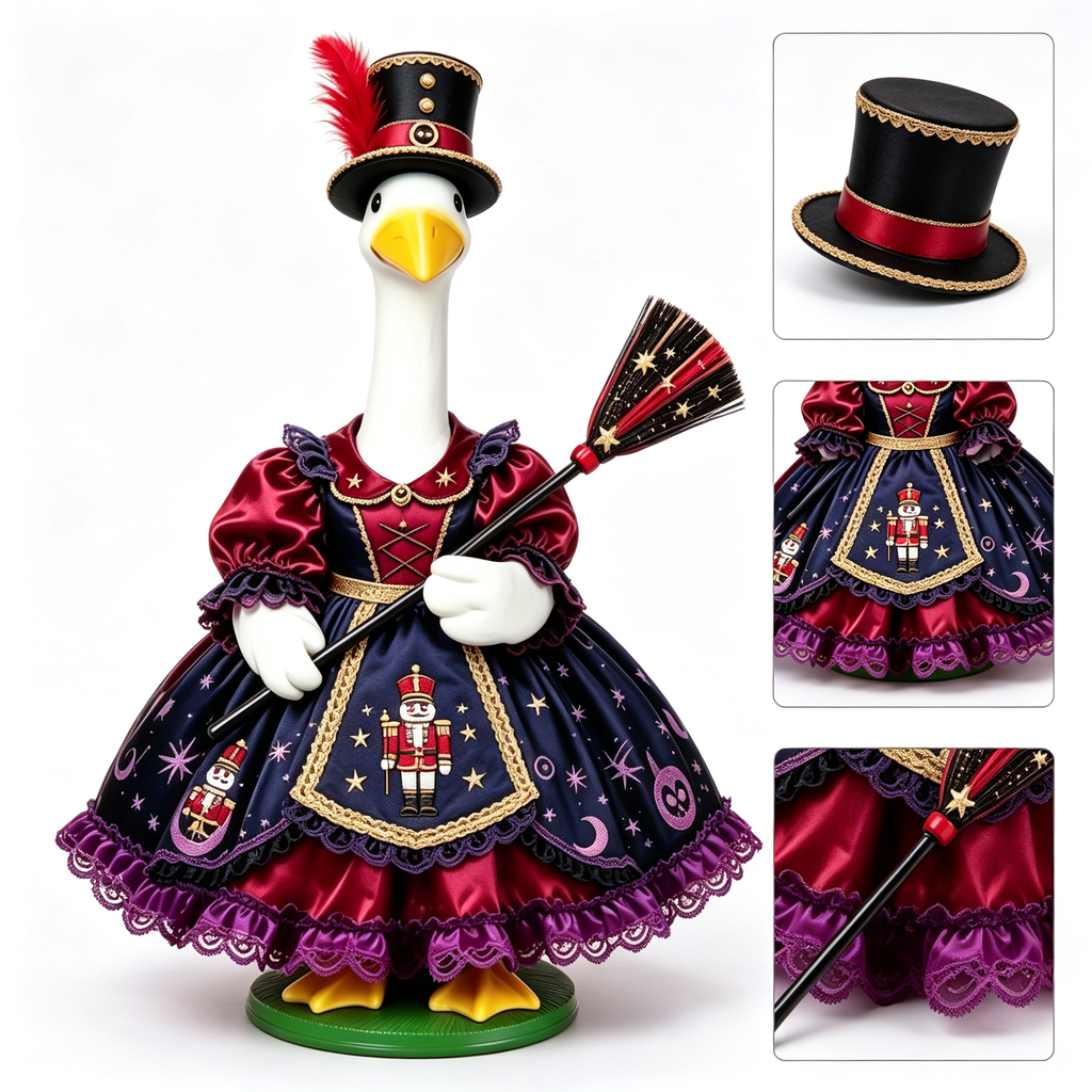 Dark Carnival‑Themed Porch Goose Outfit for 23‑Inch Lawn Goose Statue, Nutcracker & Celestial Print Costume with Top Hat & Decorative Broom, Halloween Yard Display Costume, Goose Statue NOT Included