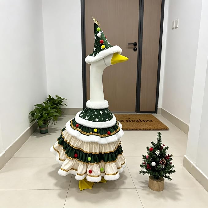 SkeleGoose Christmas Tree Porch Goose Outfit, Tiered Ruffle Skirt with Star Hat Set, 23 Inch Lawn Goose Clothes for Yard Patio Porch Winter Holiday Outdoor Decor
