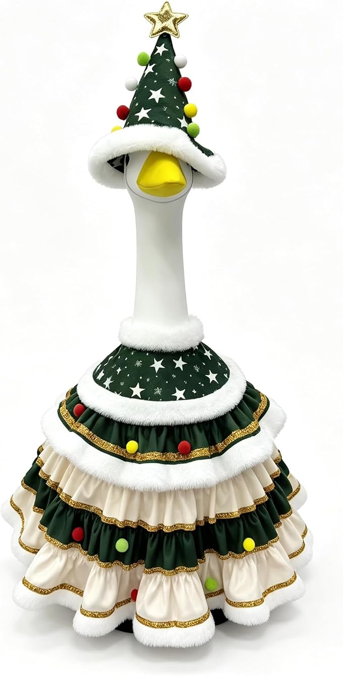 SkeleGoose Christmas Tree Porch Goose Outfit, Tiered Ruffle Skirt with Star Hat Set, 23 Inch Lawn Goose Clothes for Yard Patio Porch Winter Holiday Outdoor Decor