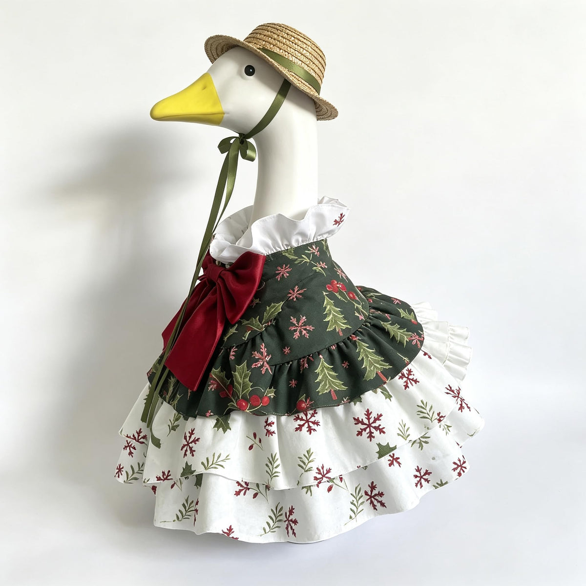 Festive Holiday Porch Goose Outfit for 23‑Inch Lawn Goose Statue, Straw Hat with Red Bow Tiered Ruffle Skirt, Xmas Holly Snowflake Yard Display Costume, Goose Statue NOT Included