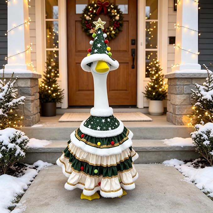 SkeleGoose Christmas Tree Porch Goose Outfit, Tiered Ruffle Skirt with Star Hat Set, 23 Inch Lawn Goose Clothes for Yard Patio Porch Winter Holiday Outdoor Decor