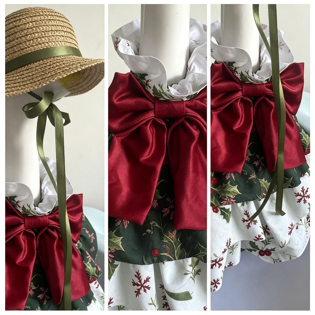 Festive Holiday Porch Goose Outfit for 23‑Inch Lawn Goose Statue, Straw Hat with Red Bow Tiered Ruffle Skirt, Xmas Holly Snowflake Yard Display Costume, Goose Statue NOT Included