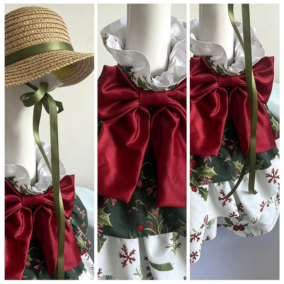 Festive Holiday Porch Goose Outfit for 23‑Inch Lawn Goose Statue, Straw Hat with Red Bow Tiered Ruffle Skirt, Xmas Holly Snowflake Yard Display Costume, Goose Statue NOT Included