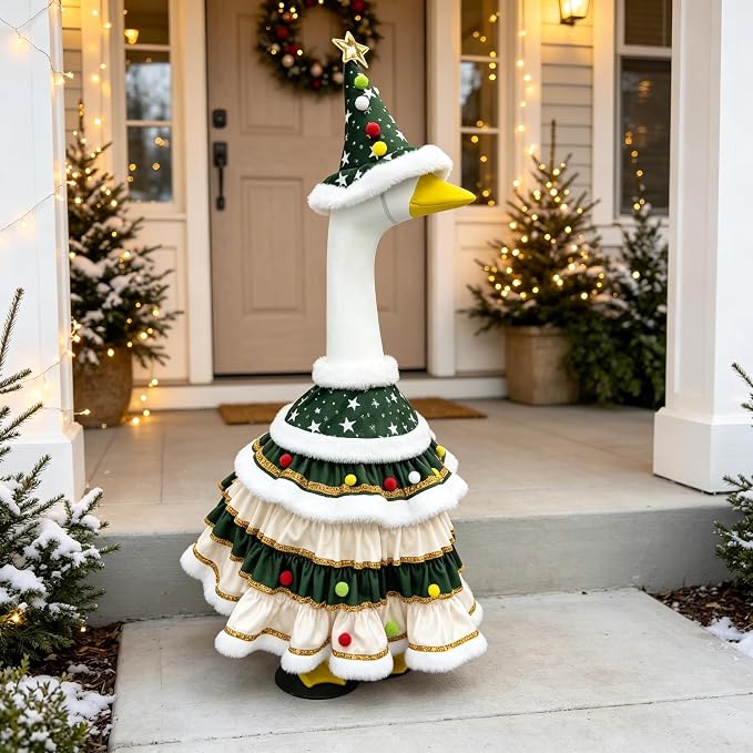 SkeleGoose Christmas Tree Porch Goose Outfit, Tiered Ruffle Skirt with Star Hat Set, 23 Inch Lawn Goose Clothes for Yard Patio Porch Winter Holiday Outdoor Decor