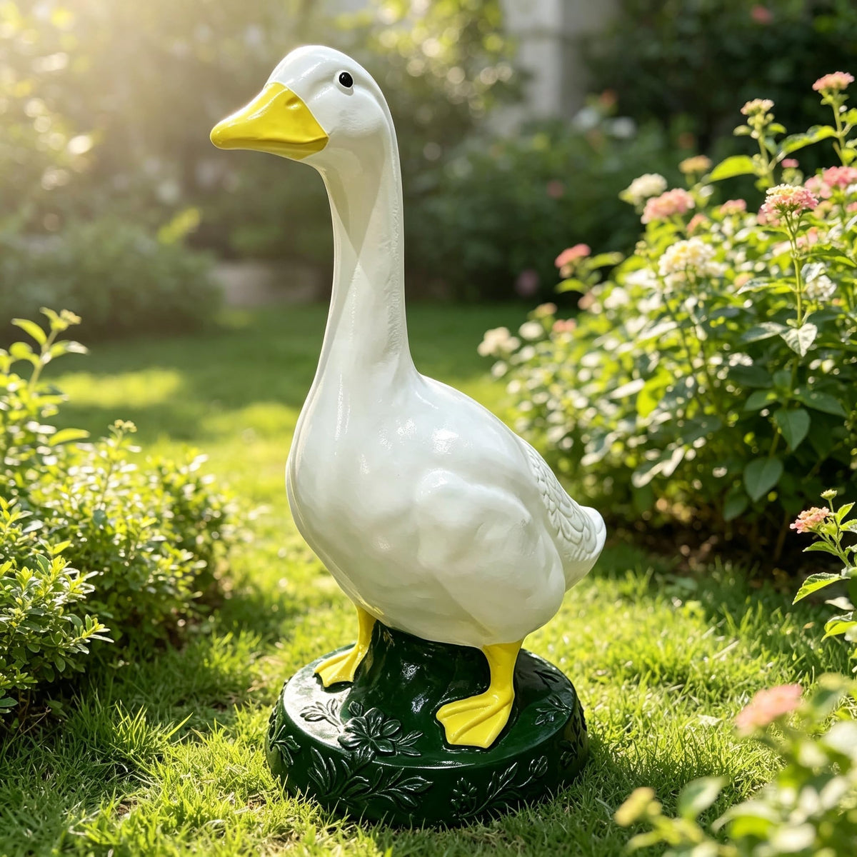 STURDY YARD PORCH GOOSE STATUE. Built for year‑round outdoor use. Resists bumps, moisture and changing weather for long‑lasting lawn display.