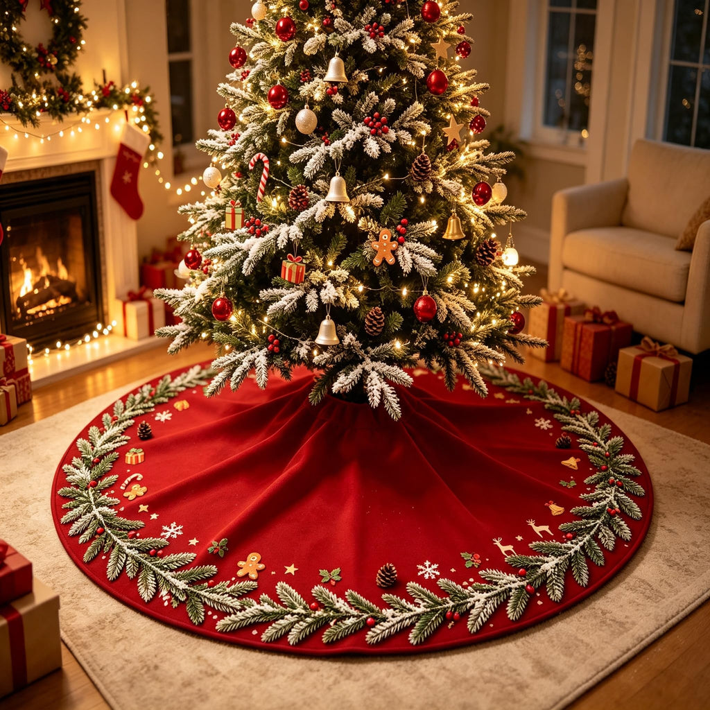Add warm festive vibes to your holiday home with our red printed Christmas Tree Skirt.