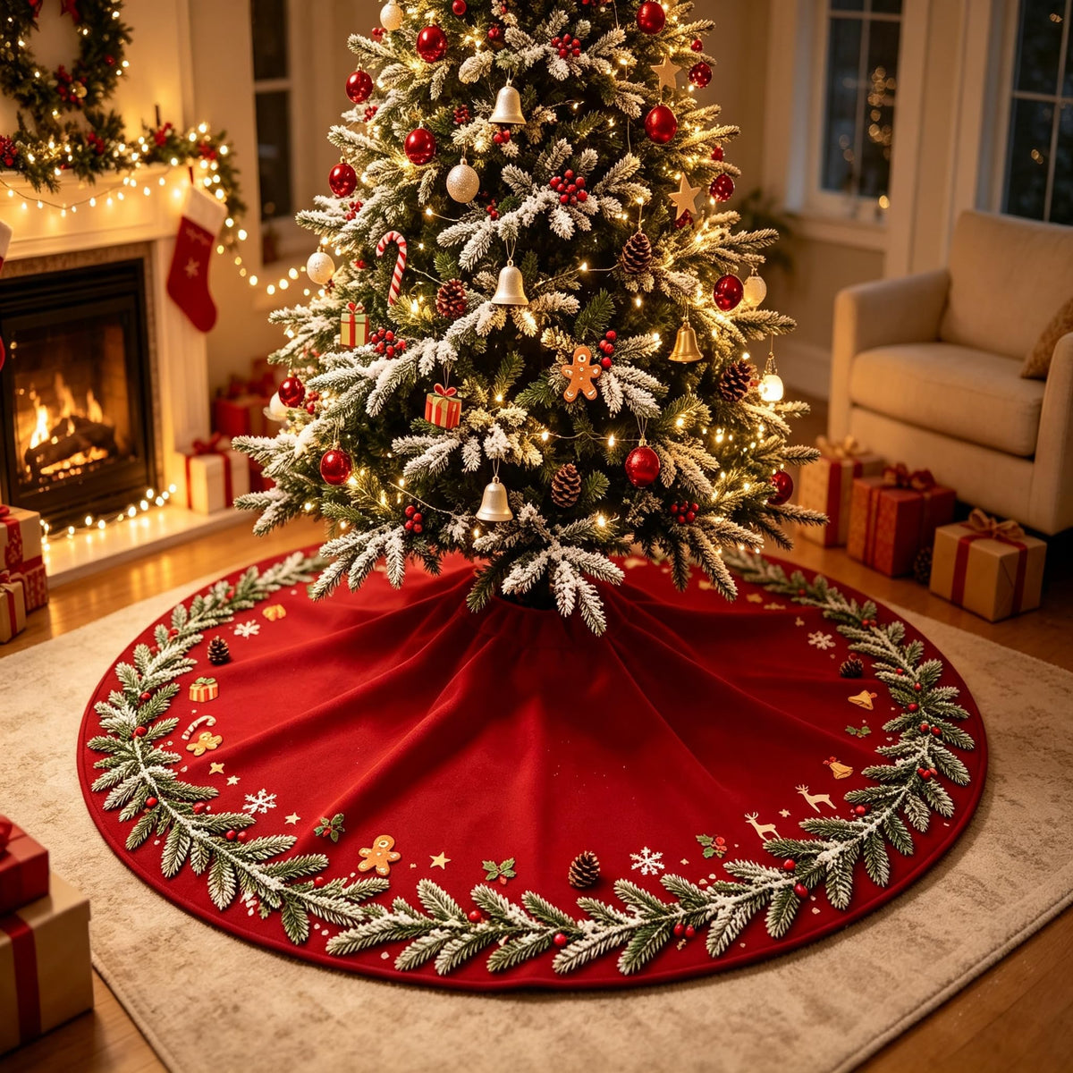 Add warm festive vibes to your holiday home with our red printed Christmas Tree Skirt.