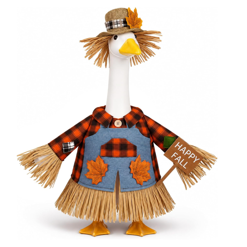Charming Scarecrow Porch Goose Outfit for 23 Inch Lawn Goose Statue, Full Rustic Farmhouse Autumn Costume for Harvest & Thanksgiving Decor, Goose Figure Sold Separately