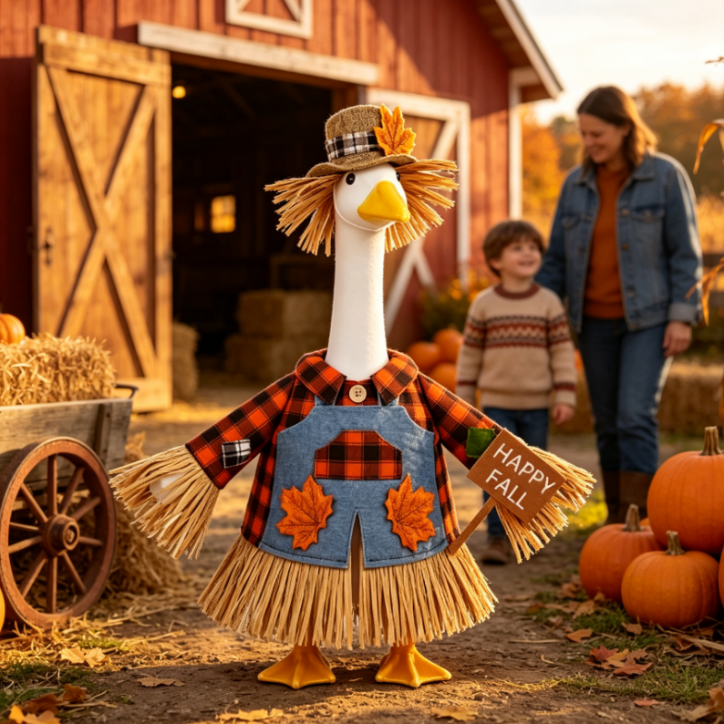 Charming Scarecrow Porch Goose Outfit for 23 Inch Lawn Goose Statue, Full Rustic Farmhouse Autumn Costume for Harvest & Thanksgiving Decor, Goose Figure Sold Separately