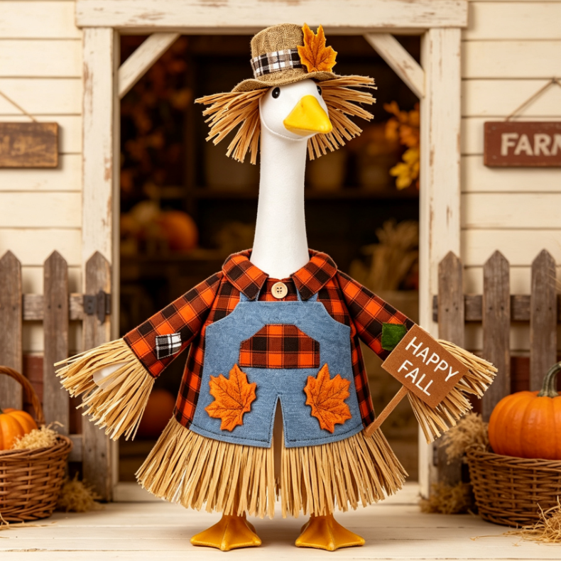 Charming Scarecrow Porch Goose Outfit for 23 Inch Lawn Goose Statue, Full Rustic Farmhouse Autumn Costume for Harvest & Thanksgiving Decor, Goose Figure Sold Separately