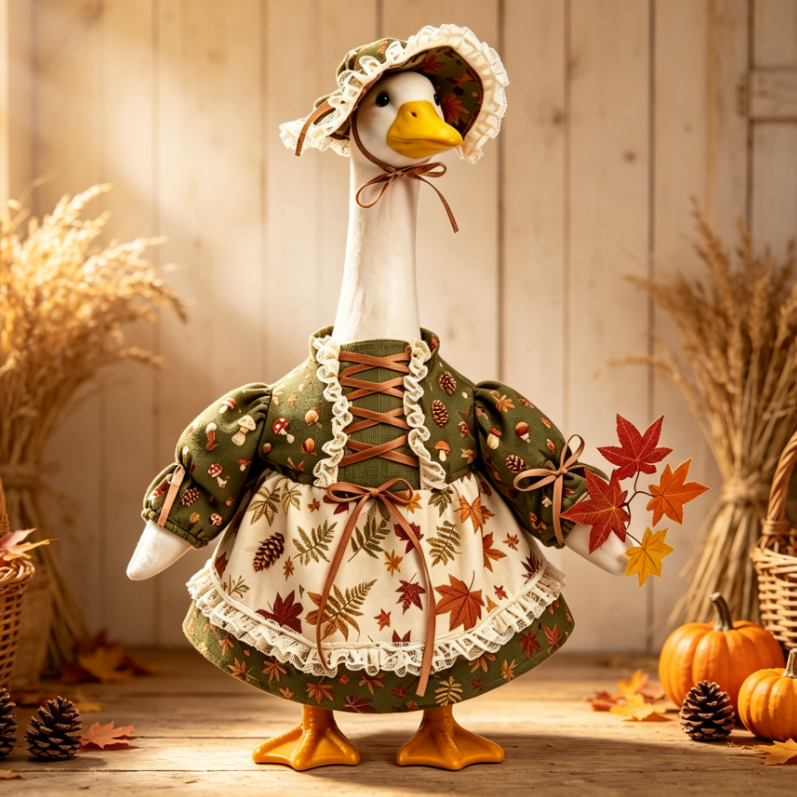 Fall Thanksgiving Goose Outfit for 23 Inch Lawn Goose Statue, Autumn Harvest Dress with Bonnet Hat & Maple Leaf Decor, Farmhouse Porch Goose Costume, Goose Statue NOT Included