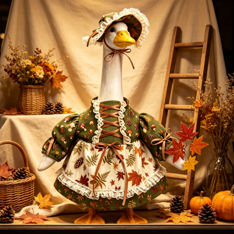 Fall Thanksgiving Goose Outfit for 23 Inch Lawn Goose Statue, Autumn Harvest Dress with Bonnet Hat & Maple Leaf Decor, Farmhouse Porch Goose Costume, Goose Statue NOT Included