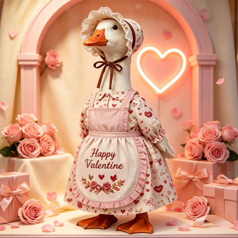 Valentine’s Day Porch Goose Outfit, Cute Heart Rose Dress Bonnet Set for 23‑Inch Lawn Goose Statue, Romantic Farmhouse Yard Decor, Goose Figure Not Included