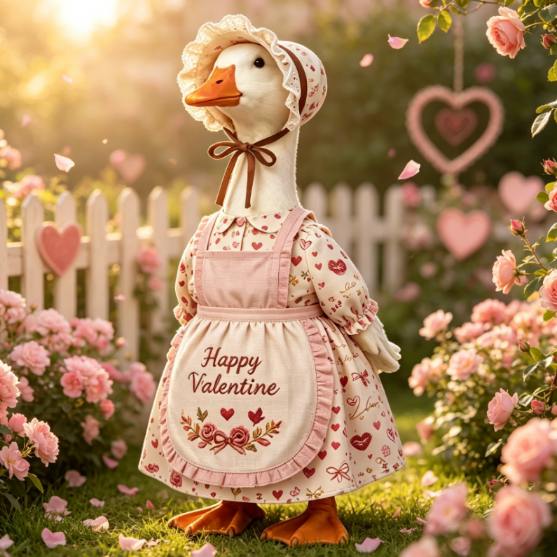 Valentine’s Day Porch Goose Outfit, Cute Heart Rose Dress Bonnet Set for 23‑Inch Lawn Goose Statue, Romantic Farmhouse Yard Decor, Goose Figure Not Included