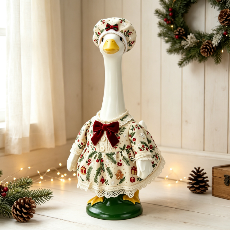 Christmas Holiday Porch Goose Outfit, Vintage Holly Gingerbread Dress & Bonnet Set for 23‑Inch Lawn Goose Statue, Farmhouse Yard Decor, Goose Sold Separately