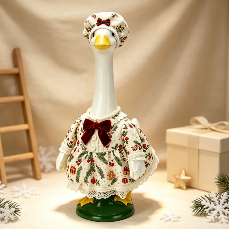 Christmas Holiday Porch Goose Outfit, Vintage Holly Gingerbread Dress & Bonnet Set for 23‑Inch Lawn Goose Statue, Farmhouse Yard Decor, Goose Sold Separately