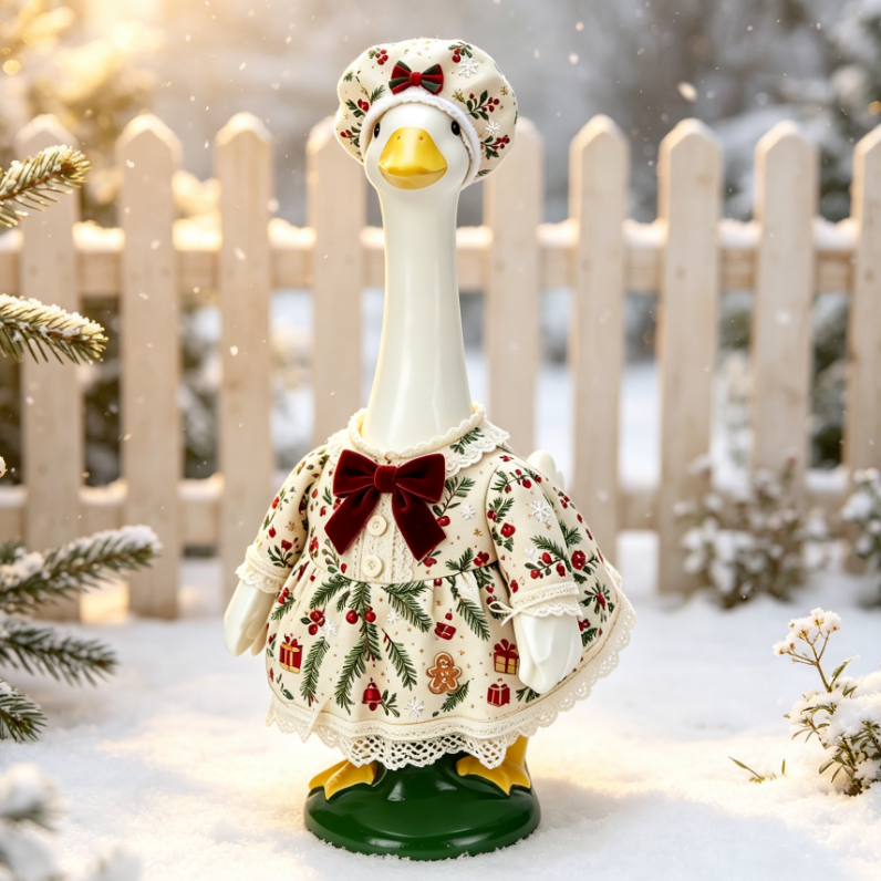 Christmas Holiday Porch Goose Outfit, Vintage Holly Gingerbread Dress & Bonnet Set for 23‑Inch Lawn Goose Statue, Farmhouse Yard Decor, Goose Sold Separately