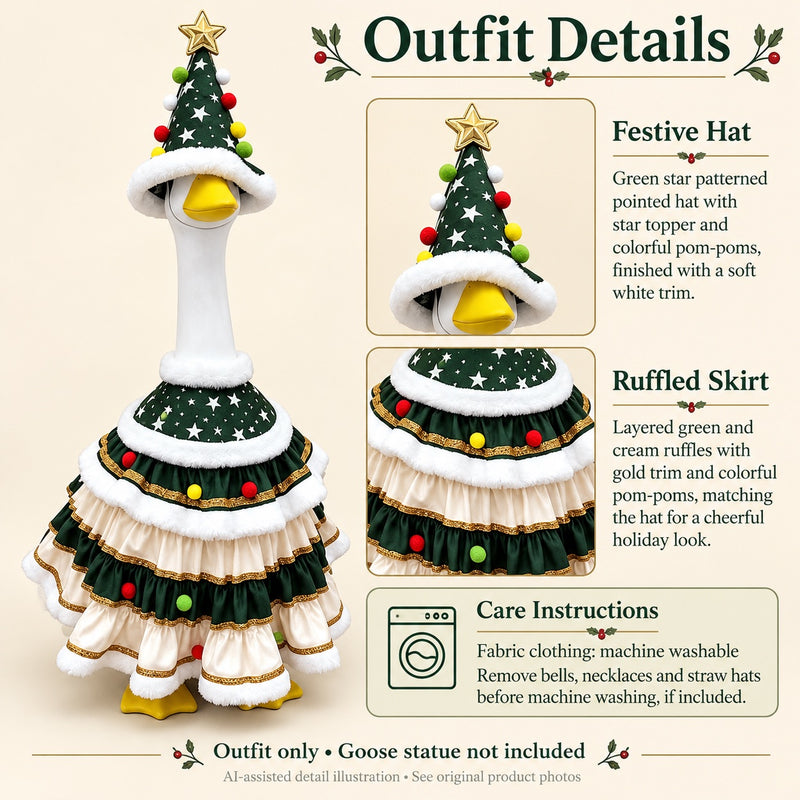 AI-assisted detail illustration: Christmas Tree Porch Goose Outfit with Ruffle Skirt & Star Hat for 23-Inch Statue. Remove bells, necklaces and straw hats before machine washing, if included.