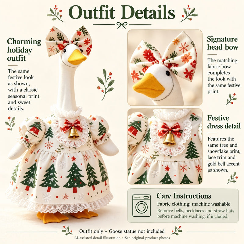 AI-assisted detail illustration: Christmas Porch Goose Dress with Snowflake Print, Bow & Bell for 23-Inch Statue. Remove bells, necklaces and straw hats before machine washing, if included.