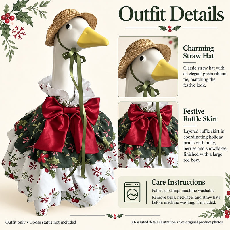 AI-assisted detail illustration: Holly Print Porch Goose Outfit with Ruffle Skirt & Straw Hat for 23-Inch Statue
