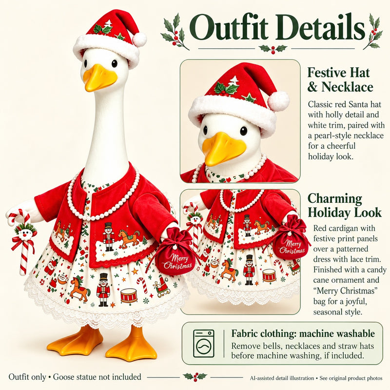 AI-assisted detail illustration: Christmas Porch Goose Outfit with Printed Dress & Red Cardigan for 23-Inch Statue
