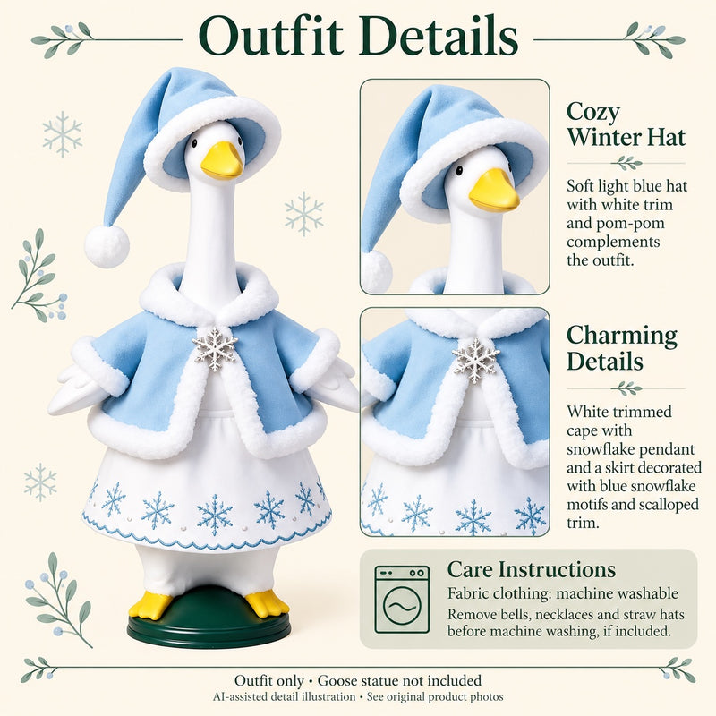 AI-assisted detail illustration: Winter Snowflake Porch Goose Outfit with Pointed Hat for 23-Inch Statue