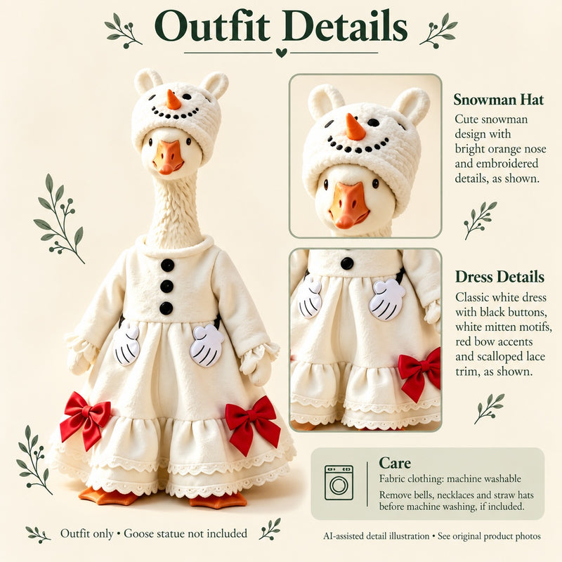 AI-assisted detail illustration: Snowman Porch Goose Outfit with Red Bow Hat for 23-Inch Statue