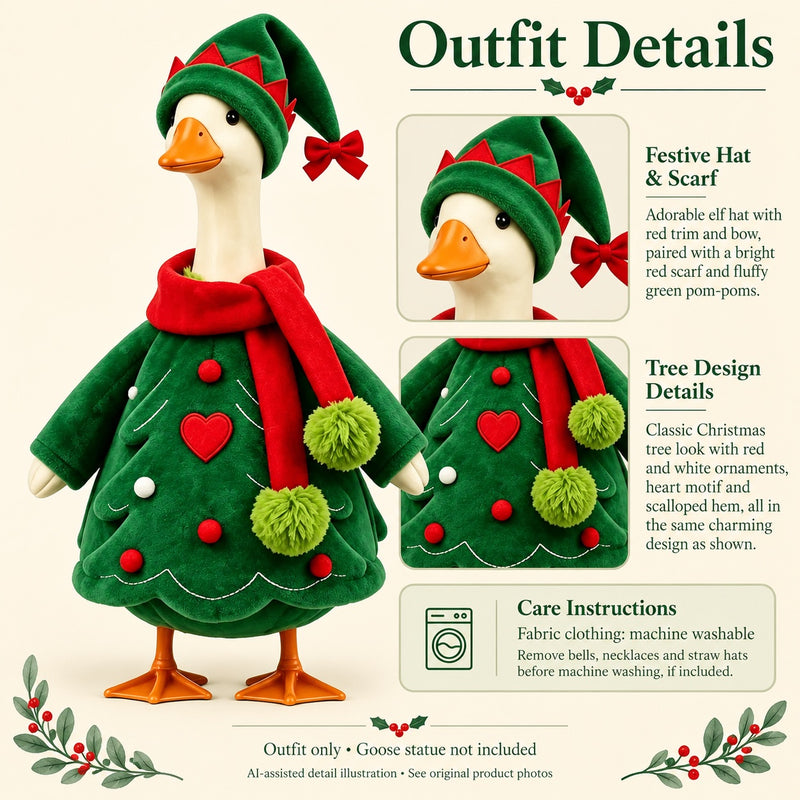 AI-assisted detail illustration: Christmas Tree Porch Goose Outfit with Elf Hat & Scarf for 23-Inch Statue