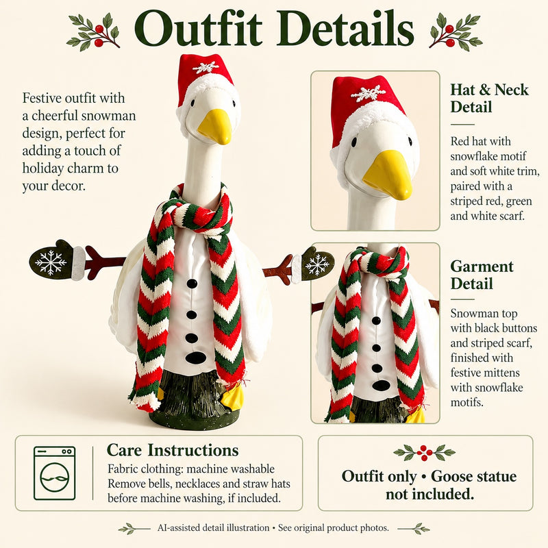 AI-assisted detail illustration: Snowman Porch Goose Outfit with Striped Scarf & Snowflake Hat for 23-Inch Statue