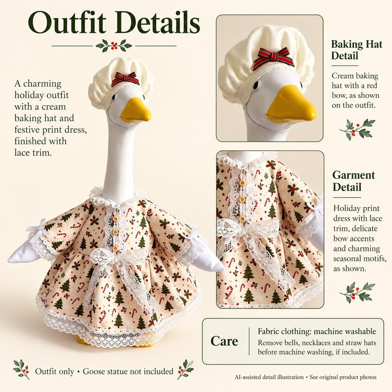 AI-assisted detail illustration: Baking Christmas Porch Goose Dress with Ruffled Hat for 23-Inch Statue
