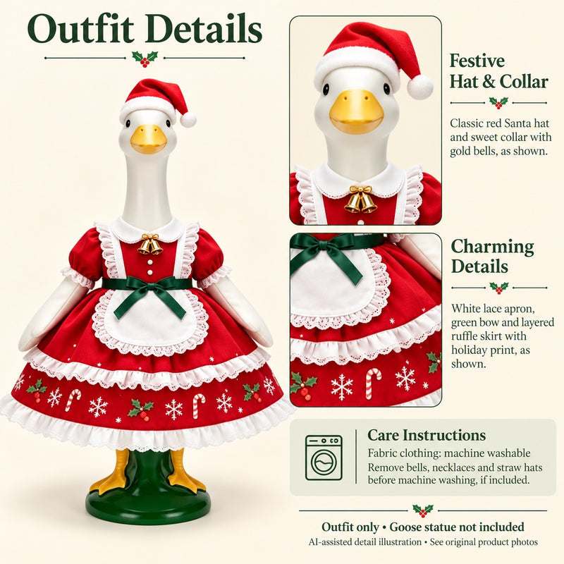 AI-assisted detail illustration: Santa Porch Goose Outfit with Hat & Lace Apron for 23-Inch Statue
