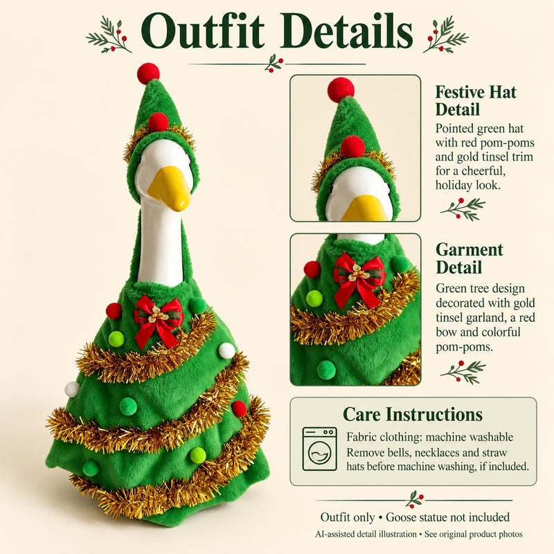 AI-assisted detail illustration: Christmas Tree Porch Goose Outfit with Tinsel & Pom-Poms for 23-Inch Statue