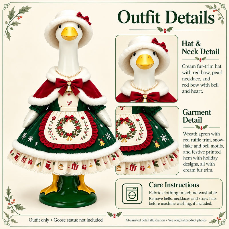 AI-assisted detail illustration: Vintage Wreath Porch Goose Outfit with Hat & Cape for 23-Inch Statue